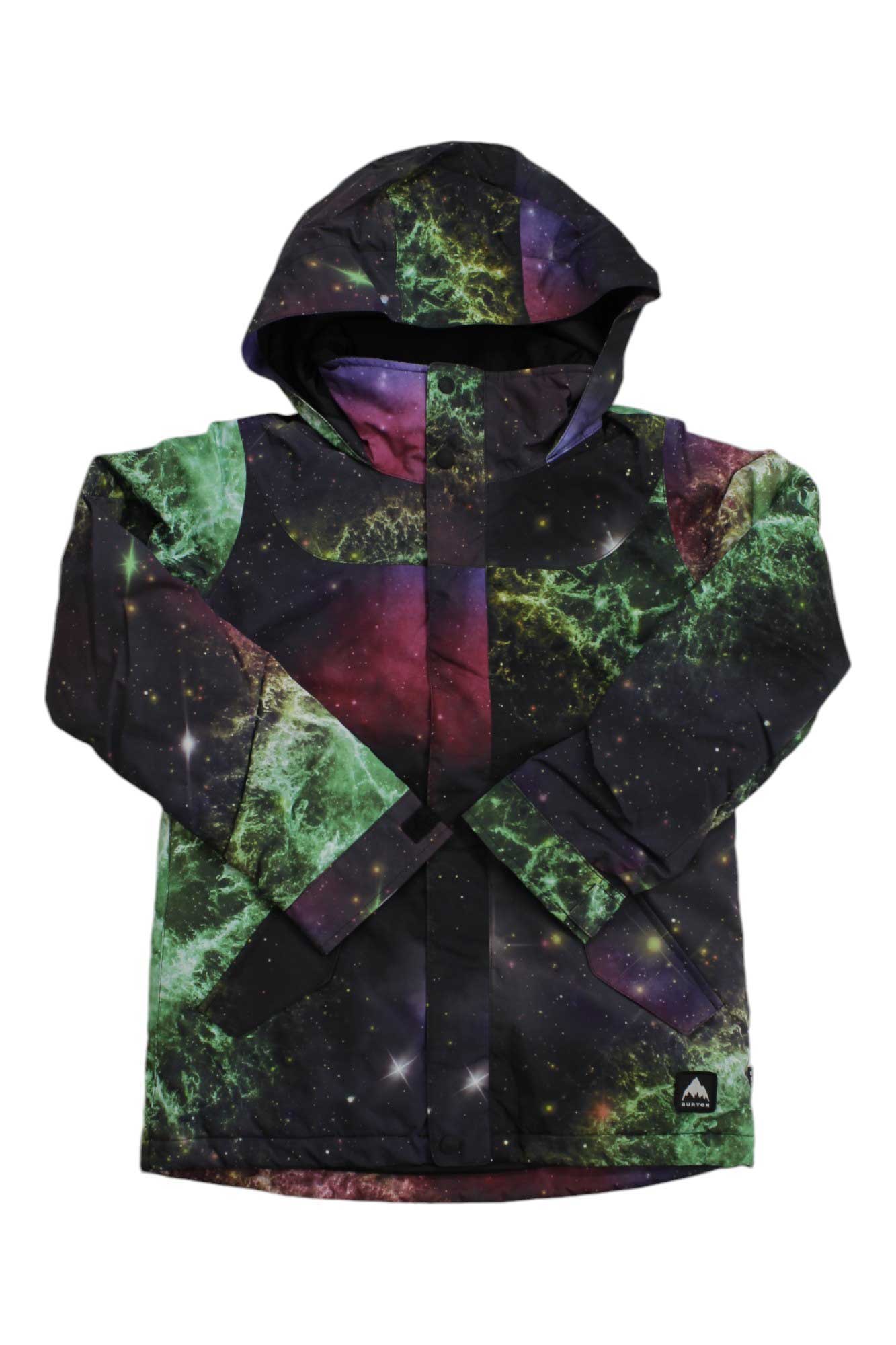 The Burton Girls Elodie Jacket features a vibrant galaxy print in green, purple, and black with stars and nebulae. Waterproof and insulated, this winter jacket keeps girls warm and stylish for snowboarding or outdoor play.