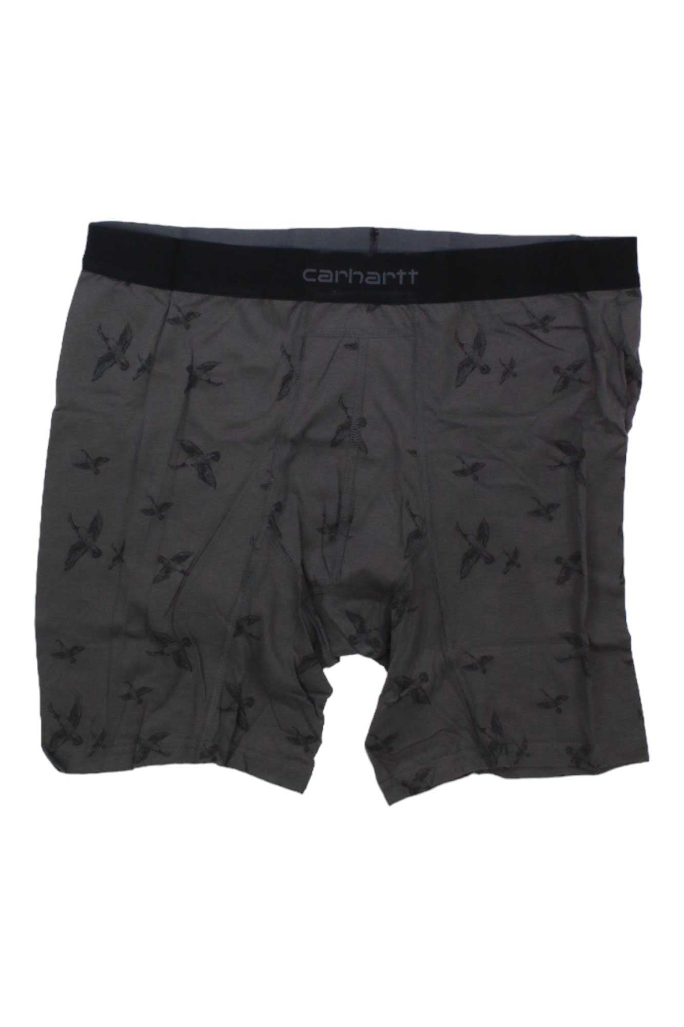 A pair of Carhartt Mens 8 Inch Basic Cotton-Poly Boxer Briefs from a 2 pack, in gray with Rugged Flex technology, a black waistband, and a subtle small black bird pattern on soft cotton-poly fabric.
