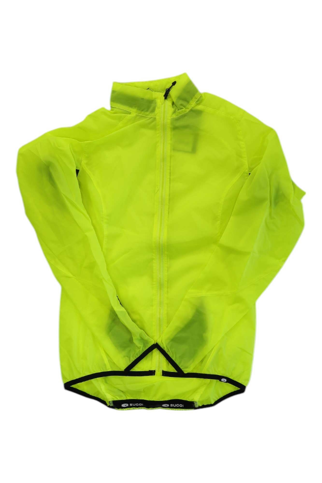 The Sugoi Stash Cycling Jacket is a bright yellow-green, lightweight women’s windproof jacket with a front zipper and high collar, displayed flat on a white background.