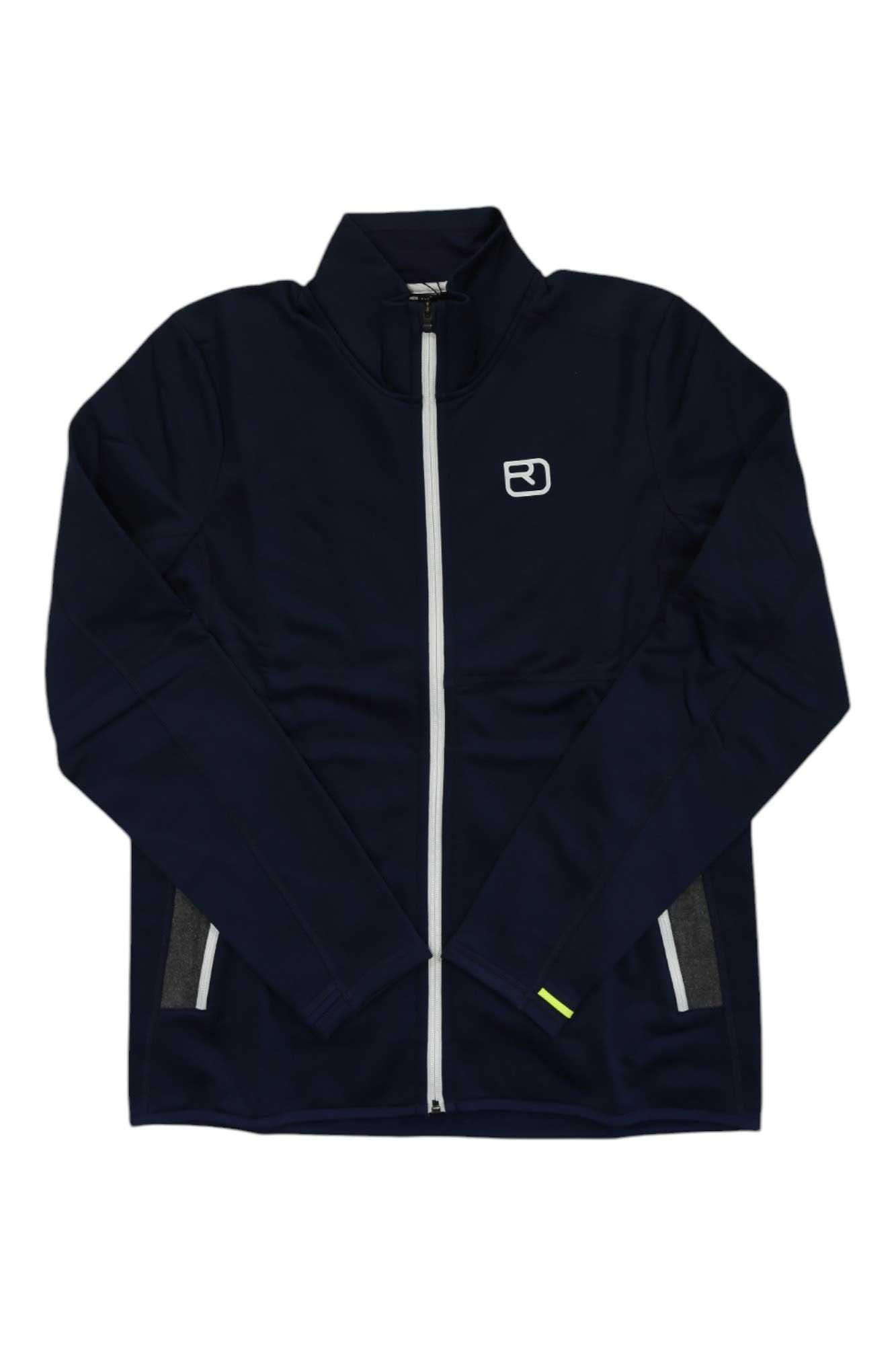 Ortovox men's fleece jacket, deep-ocean blue, full-zip with stand collar, side pockets.