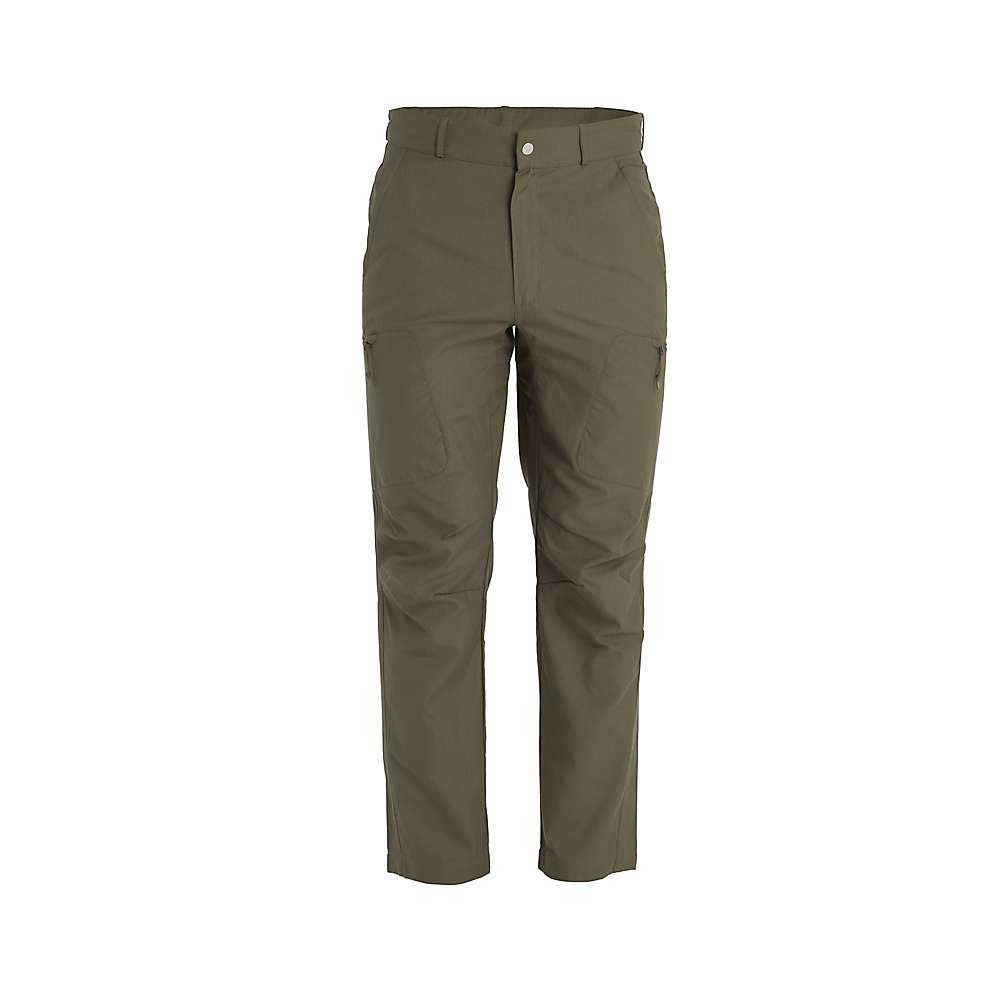 The Icebreaker Mens Hike Pant in olive green features abrasion-resistant fabric, belt loops, zippered side pockets, and a straight leg fit, shown against a plain white background.
