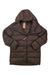 The Indyeva Women's Selimut II Jacket is a brown, water-resistant down jacket with a hood, front zipper, and two side pockets. It is laid flat on a white background with a beige tag attached to the collar area.