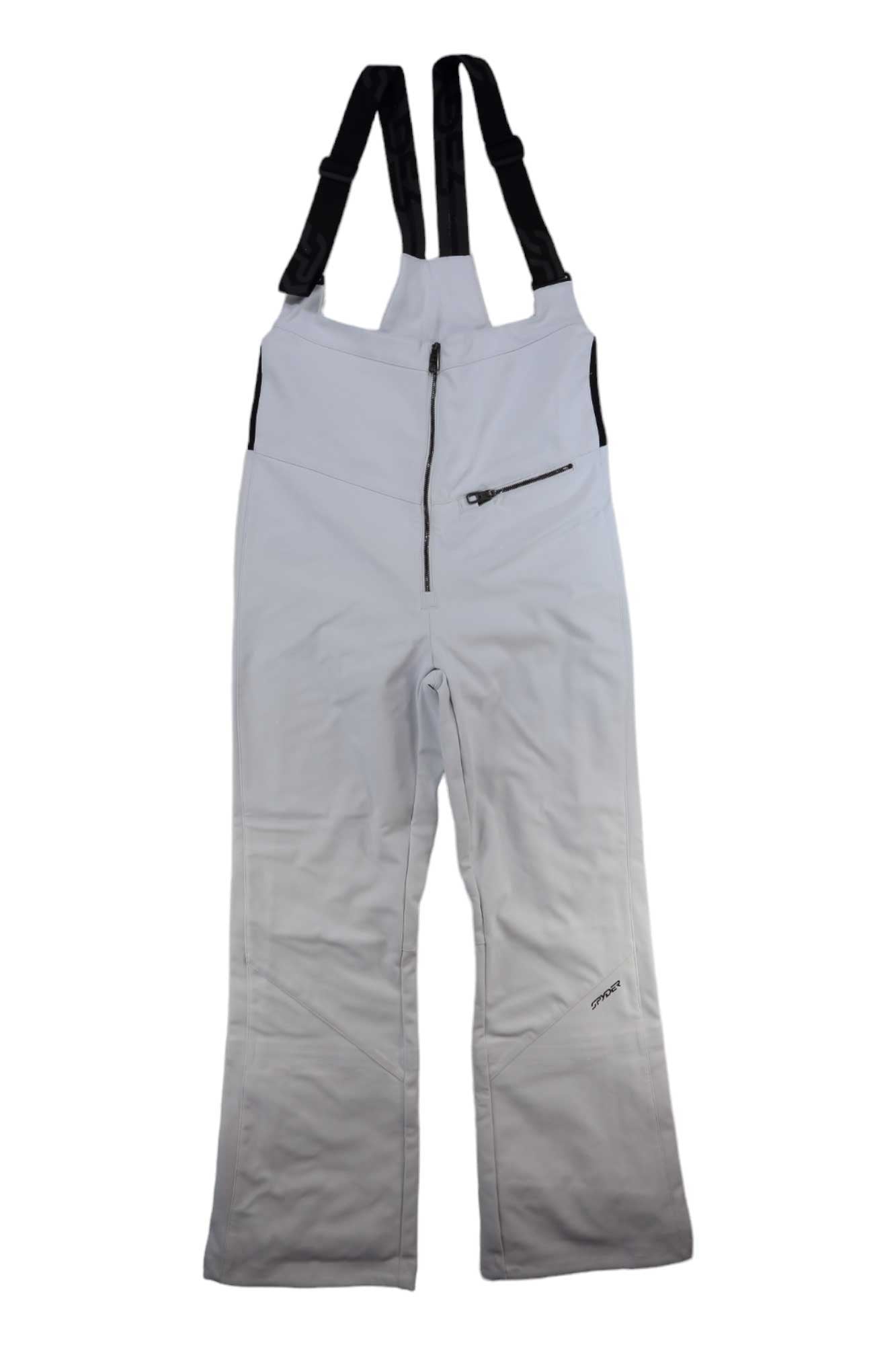 Women's light gray softshell bib pants with adjustable shoulder straps and front zipper