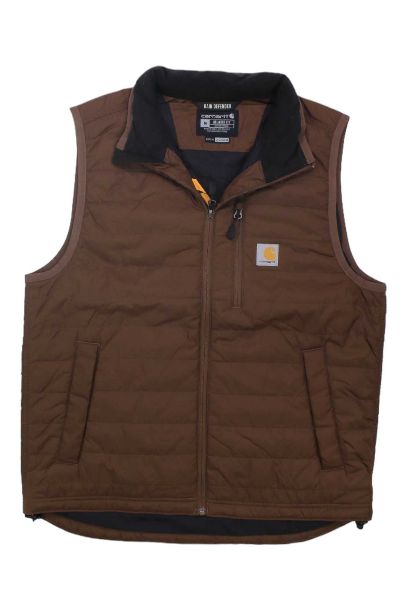 Men's brown insulated vest with full front zipper and dark stand collar