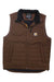 Men's brown insulated vest with full front zipper and dark stand collar