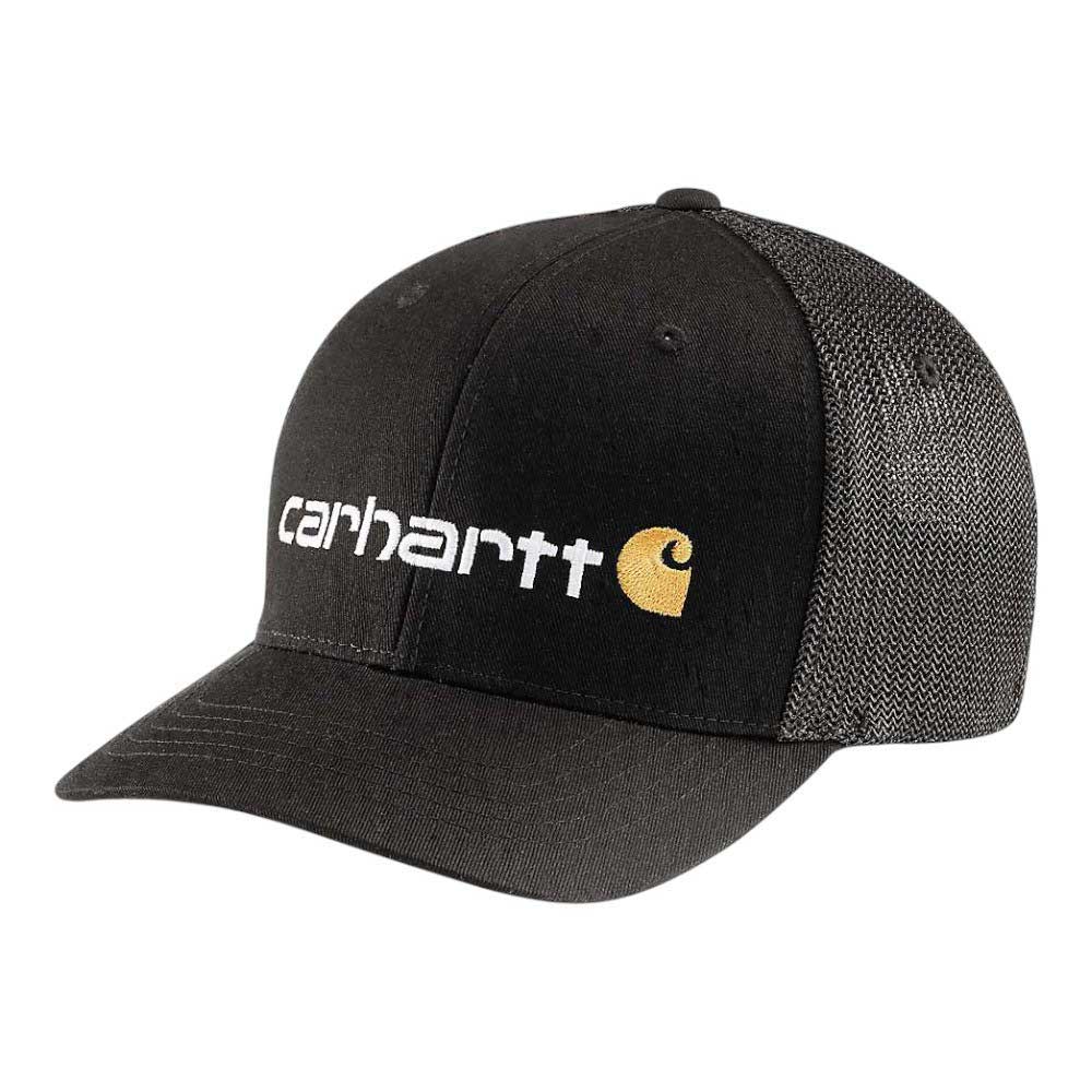 Carhartt fitted mesh-back cap in dark gray/black with embroidered logo and patch