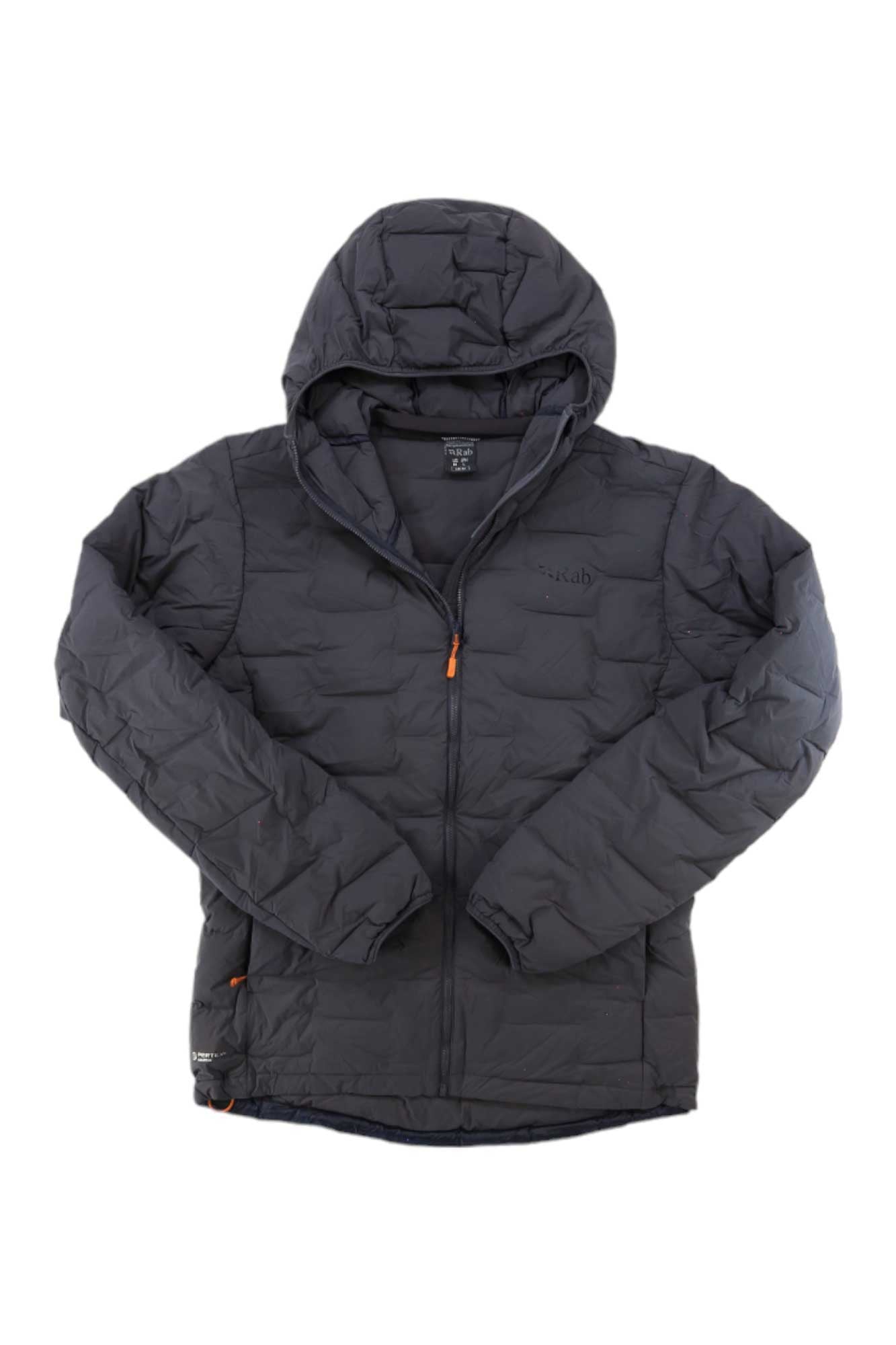 The Rab Men's Cubit Stretch Down Hoody, shown in black with a hood, quilted recycled down, front zipper, and two side pockets, is casual, water-resistant, insulated—ideal for cold weather when laid flat on a white background.