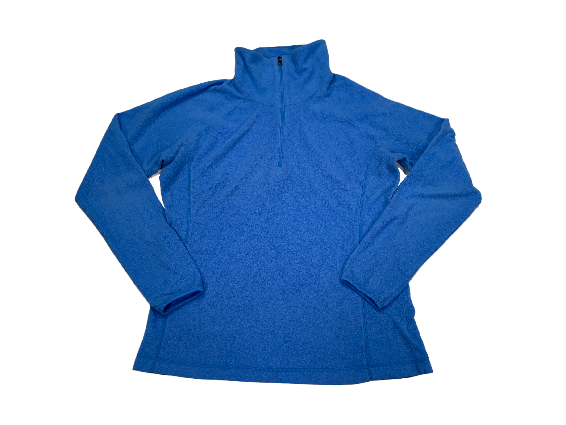 The Womens Glacial Fleece III 1/2 Zip, a bright blue Columbia microfleece jacket with long sleeves and a high collar, is laid flat on a white background—ideal for cold weather.