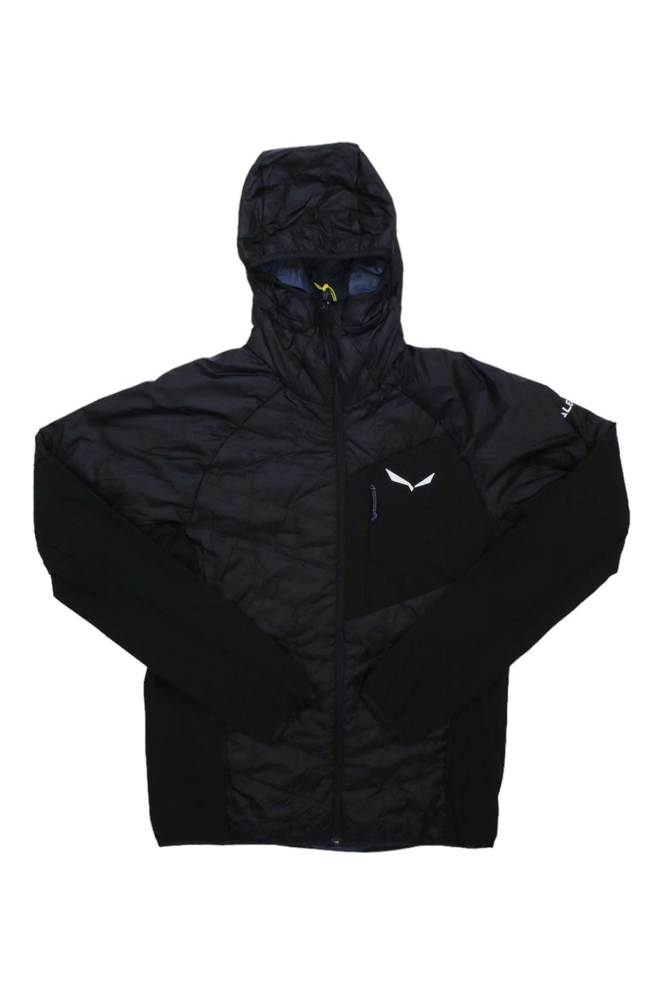 A black Salewa Mens Ortles Hybrid TW CLT Jacket features wind resistance, a front zipper, long sleeves, an insulated hood, and subtle white logos on the left chest and upper sleeve, shown against a white background.