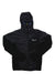 A black Salewa Mens Ortles Hybrid TW CLT Jacket features wind resistance, a front zipper, long sleeves, an insulated hood, and subtle white logos on the left chest and upper sleeve, shown against a white background.