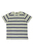 The Toad & Co Mens Grom Hemp SS Crew is a cream-colored hemp t-shirt featuring blue and yellow horizontal stripes, a chest pocket, and made from organic cotton for comfort.