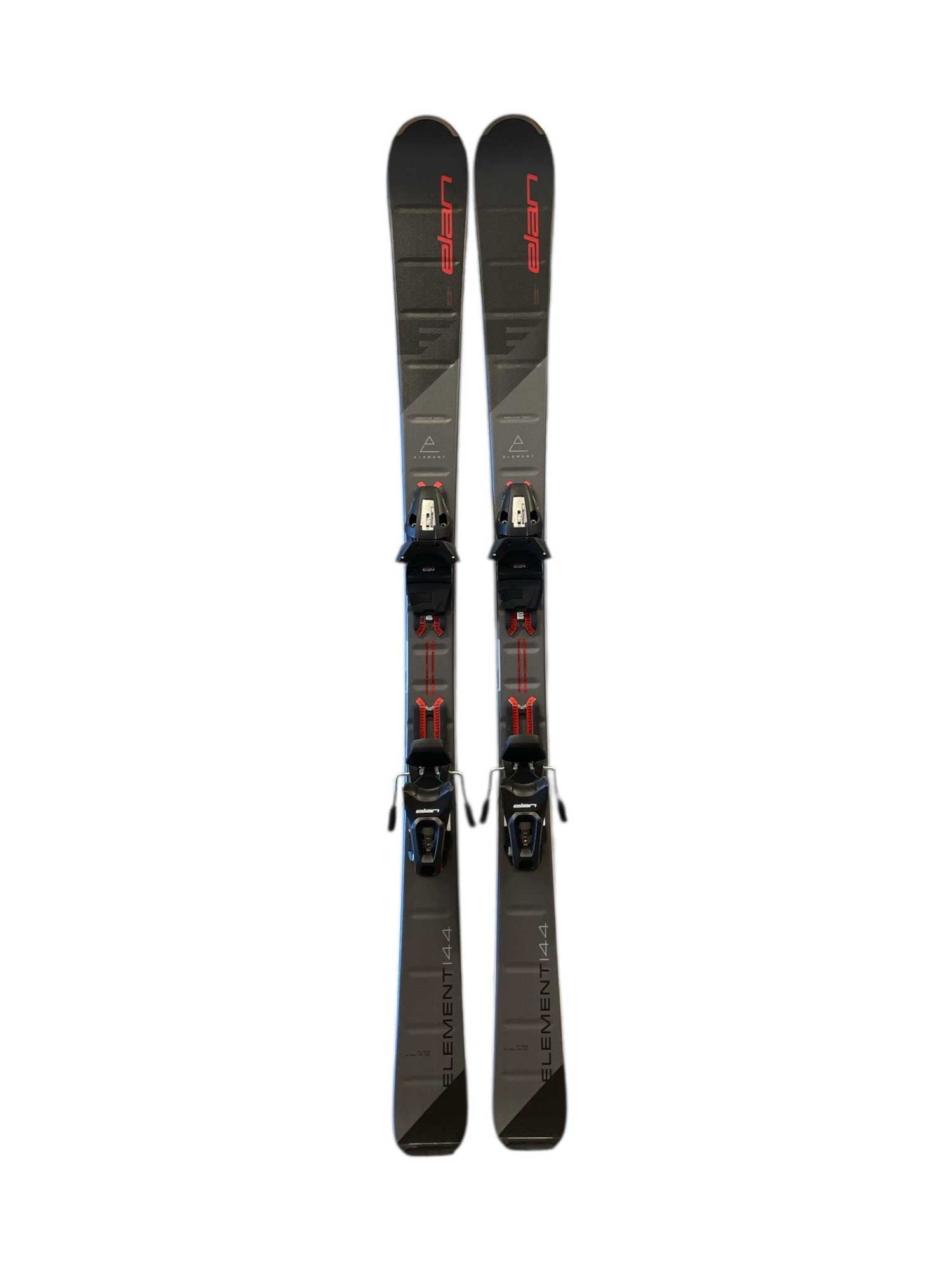 A pair of Elan Mens Element 144 + EL 10 GW Bindings skis, black and gray with red accents, displayed side by side on a white background—ideal for varied terrain, featuring the “Elan” branding and “Element 144” model name.