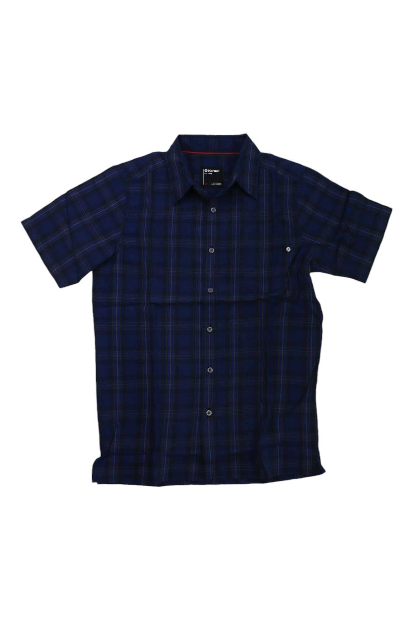 Men's short-sleeve plaid button-up shirt in dark navy blue