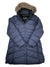 The Marmot Womens Montreal Down Coat is a navy quilted winter coat with a faux fur-lined hood, full zip, chest logo, and insulated water-resistant design. Laid flat, it highlights its long length and stylish warmth.