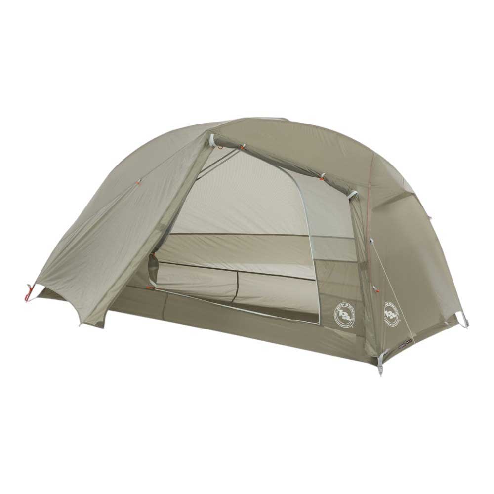 Dome camping tent with open front mesh panel, gray fly and weatherproof sides