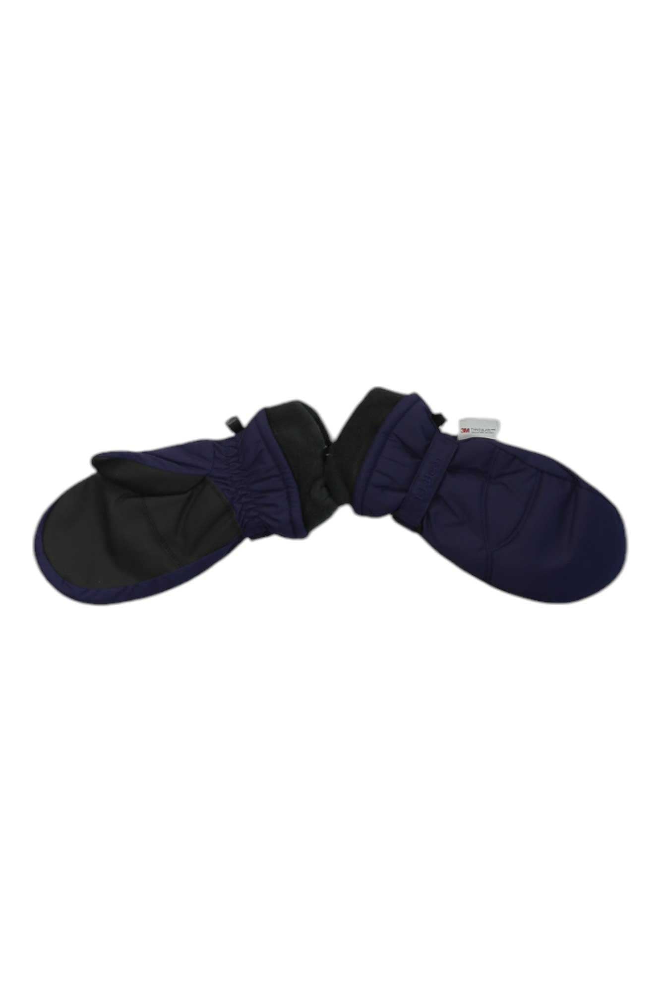 A pair of L.L.Bean Kid's Cold Buster Waterproof Mittens, featuring black palms and navy blue tops, are placed side by side on a white background.