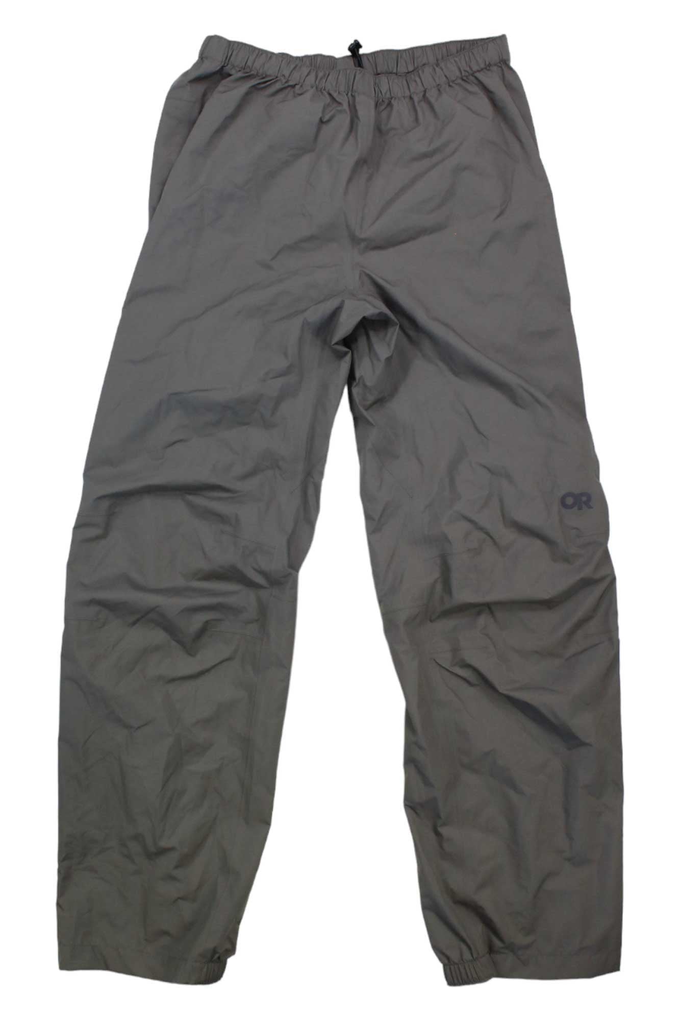 The Outdoor Research Womens Aspire Pant are gray hiking pants for women with an elastic waistband and cuffs, waterproof design, OR logo on the upper left thigh, and lightweight fabric for a loose, comfortable fit.