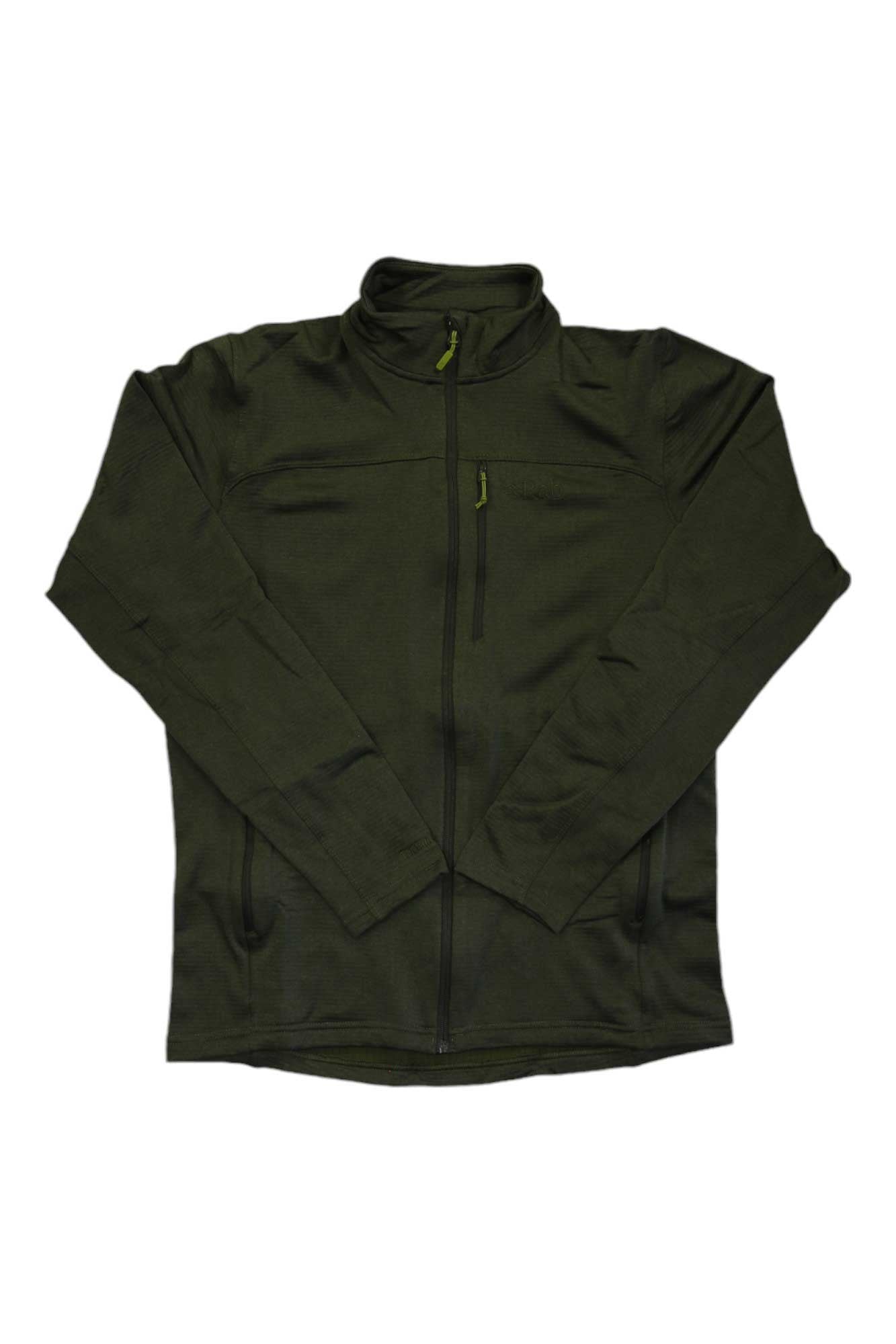 Men's dark green zip-up jacket with stand collar, center front zipper and hand pockets