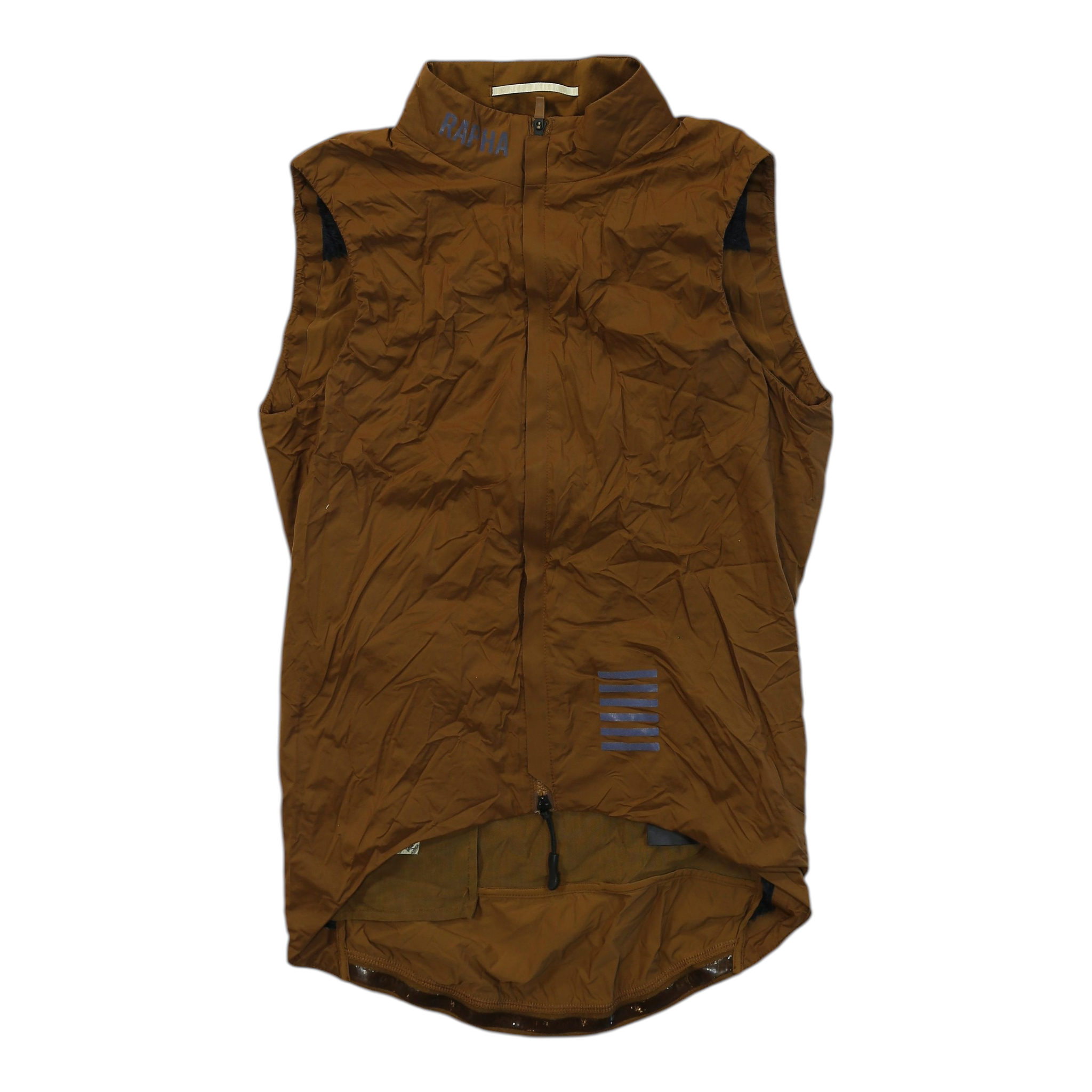 Men's brown insulated cycling gilet with full zip and blue horizontal stripe logo