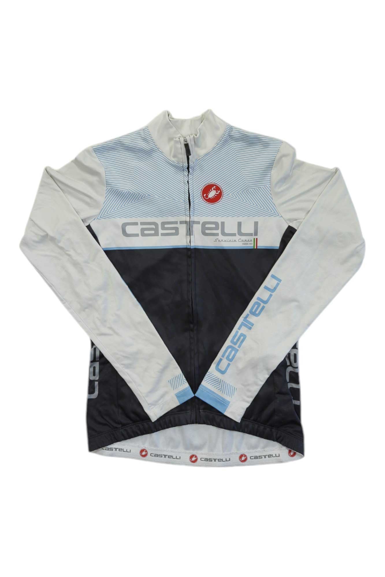 Men's cycling long-sleeve jersey with light blue top, black center, and front zip