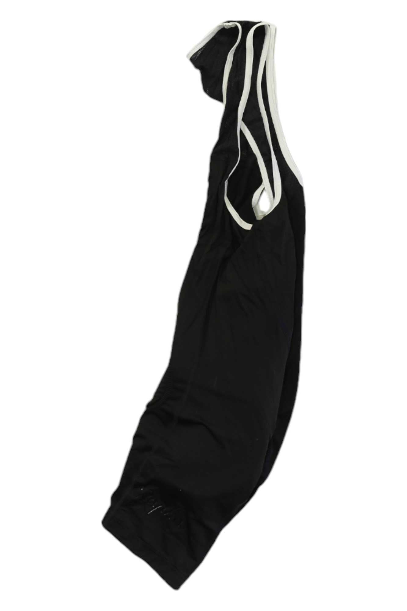 A sleeveless black tank top with white trim around the neckline and armholes, ideal for pairing with Mens Bib Shorts, displayed on a plain white background.