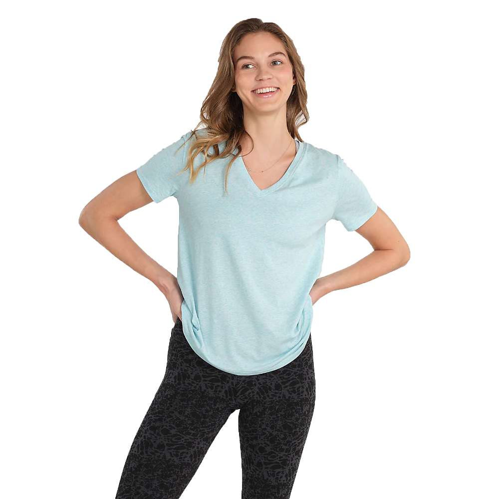 Light blue heather women's V-neck short-sleeve T-shirt, fitted drape