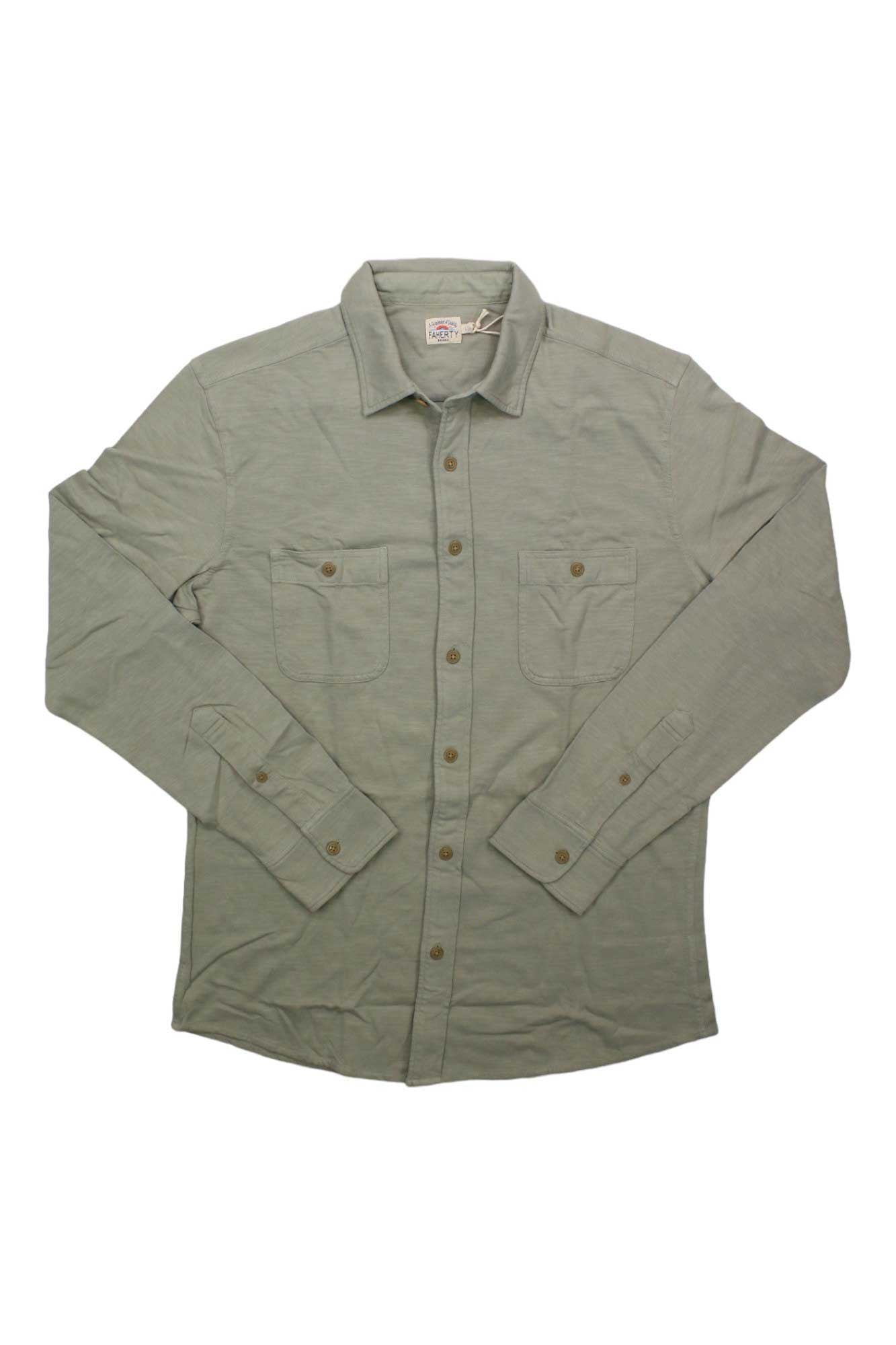 The Faherty Men's Knit Seasons Shirt in light green features a casual cotton knit, button front, two chest pockets, and brown buttons, shown laid flat on a white background.