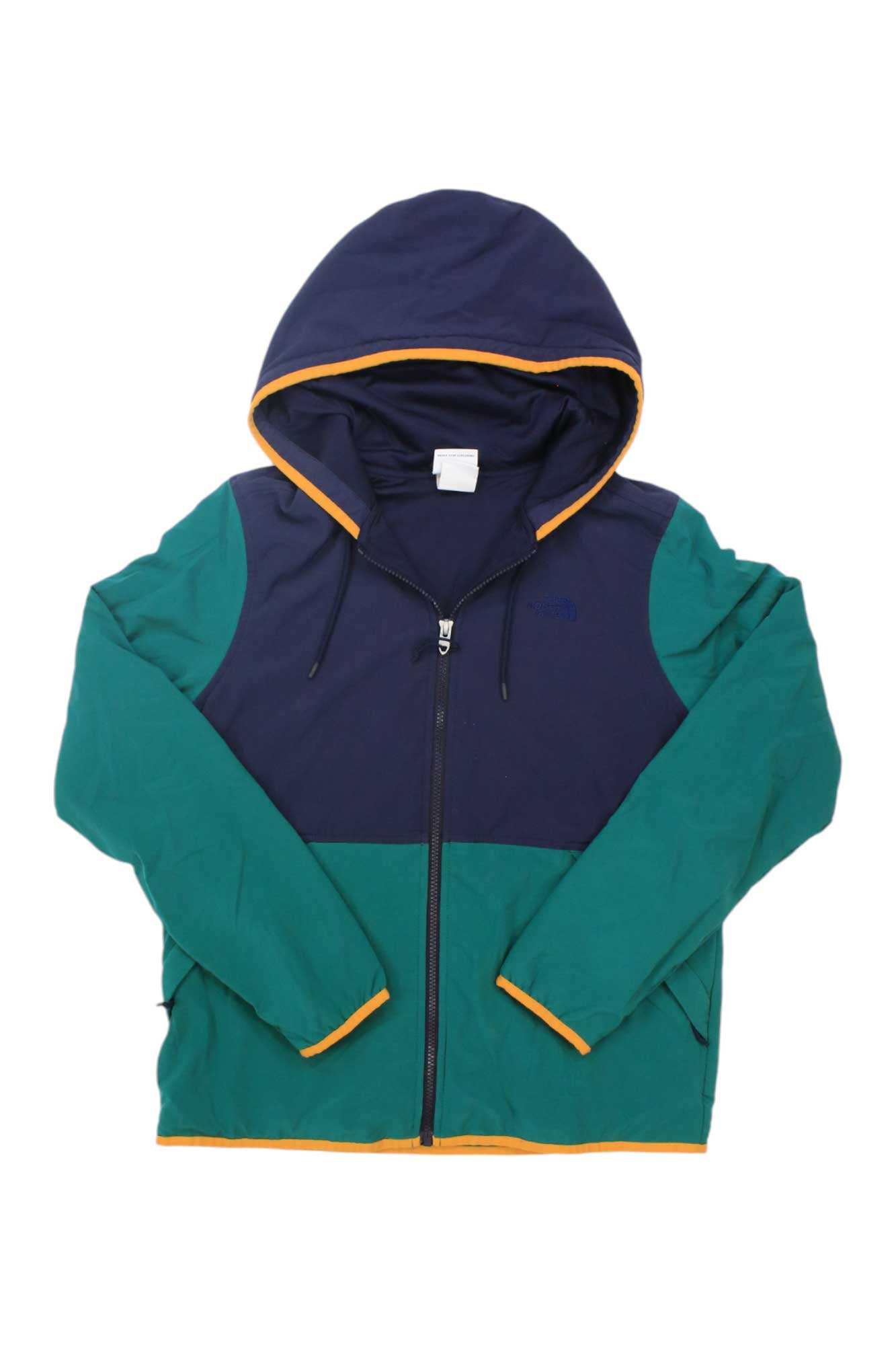 The Womens Mountain Sweatshirt Hoodie 3.0 features green sleeves and lower body, a navy blue upper body and hood, orange trim, and a black front zipper. Inspired by classic The North Face hoodie style for outdoor comfort.
