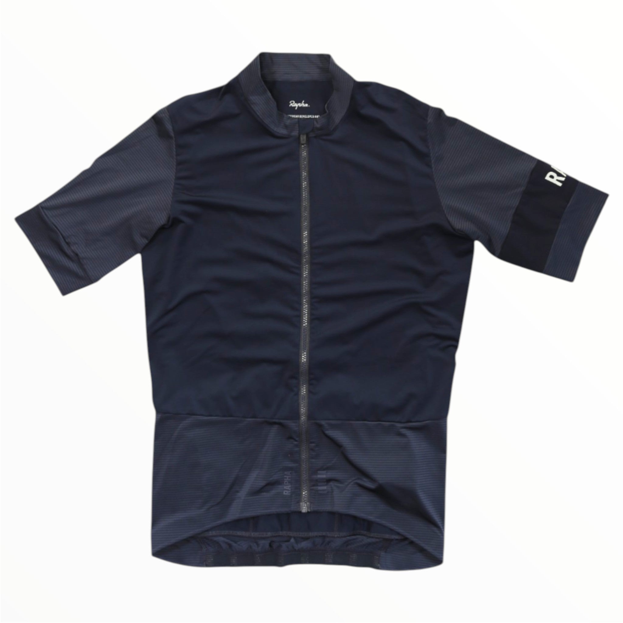 Navy cycling jersey with front zipper and dark sleeve stripe panel.