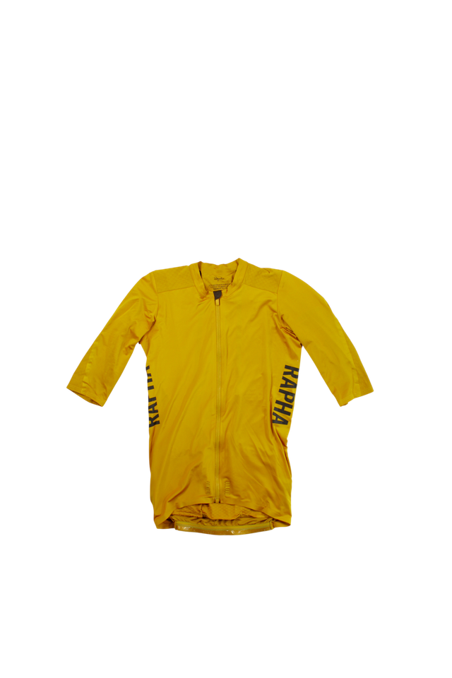 The Pro Team Aero Jersey II is a yellow, short-sleeved cycling jersey with a front zipper and vertical RAPHA branding on the left side, shown on a plain white background.