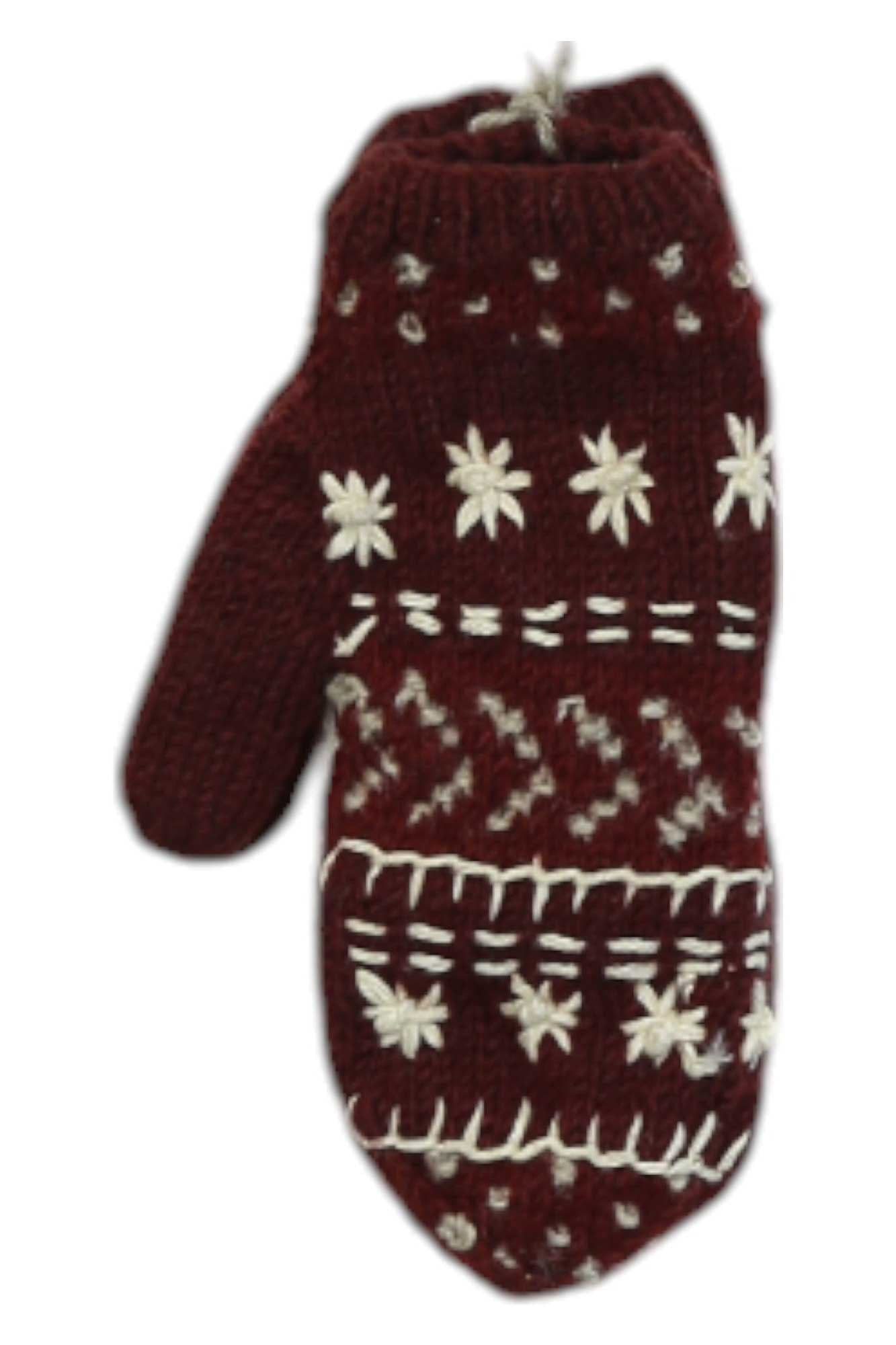 Lost Horizons Women's Midori Mittens are maroon, fleece-lined, and feature white Sashiko-style embroidery with star, line, and geometric patterns—perfect for warmth and style on winter camping adventures.