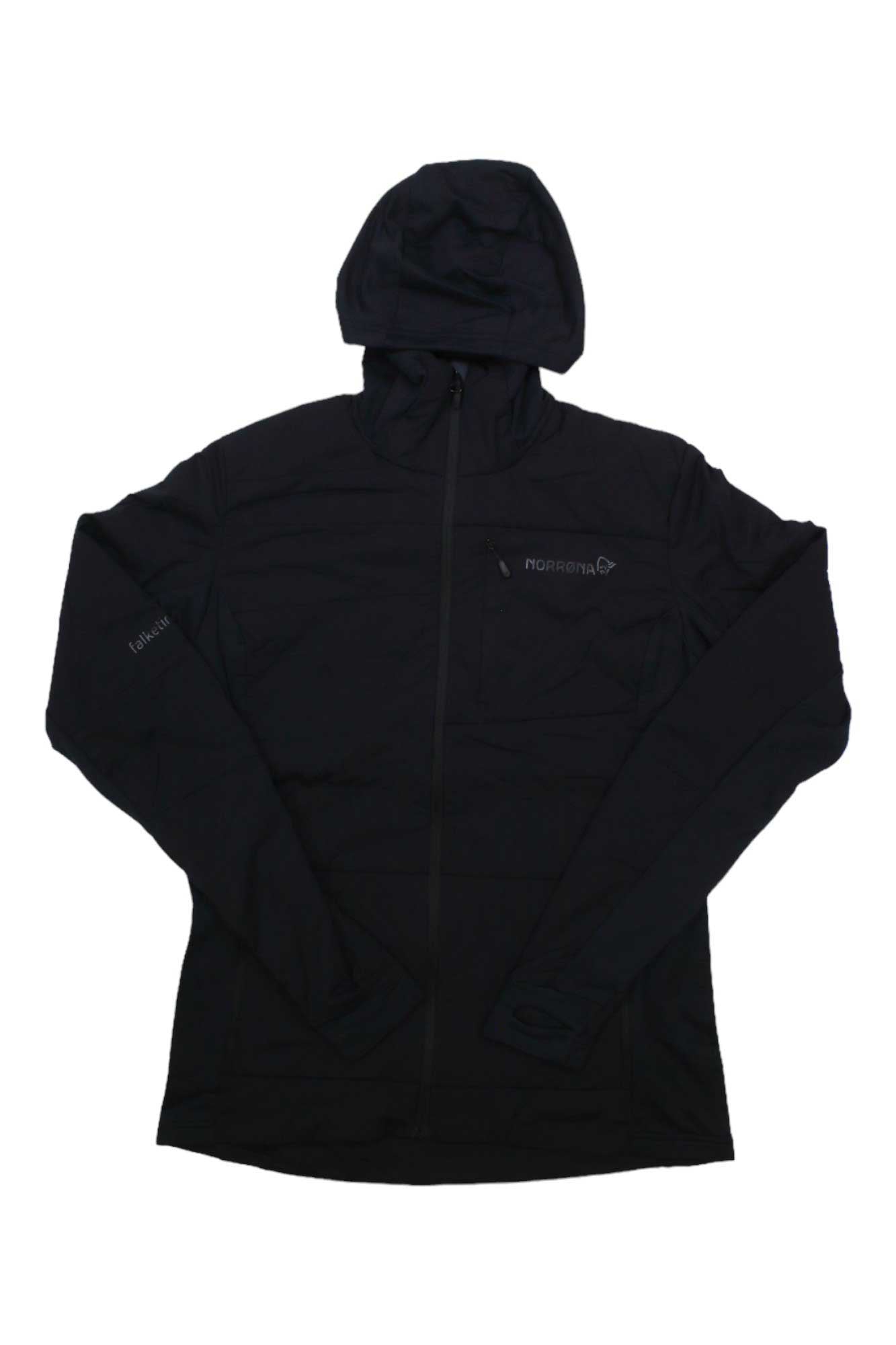 The Norrona Women's Falketind Alpha90 Insulated Zip Hood is a black zip-up outdoor jacket with long sleeves, a chest pocket, subtle logos on the chest and left sleeve, and breathable Polartec Alpha insulation, shown laid flat on a white background.