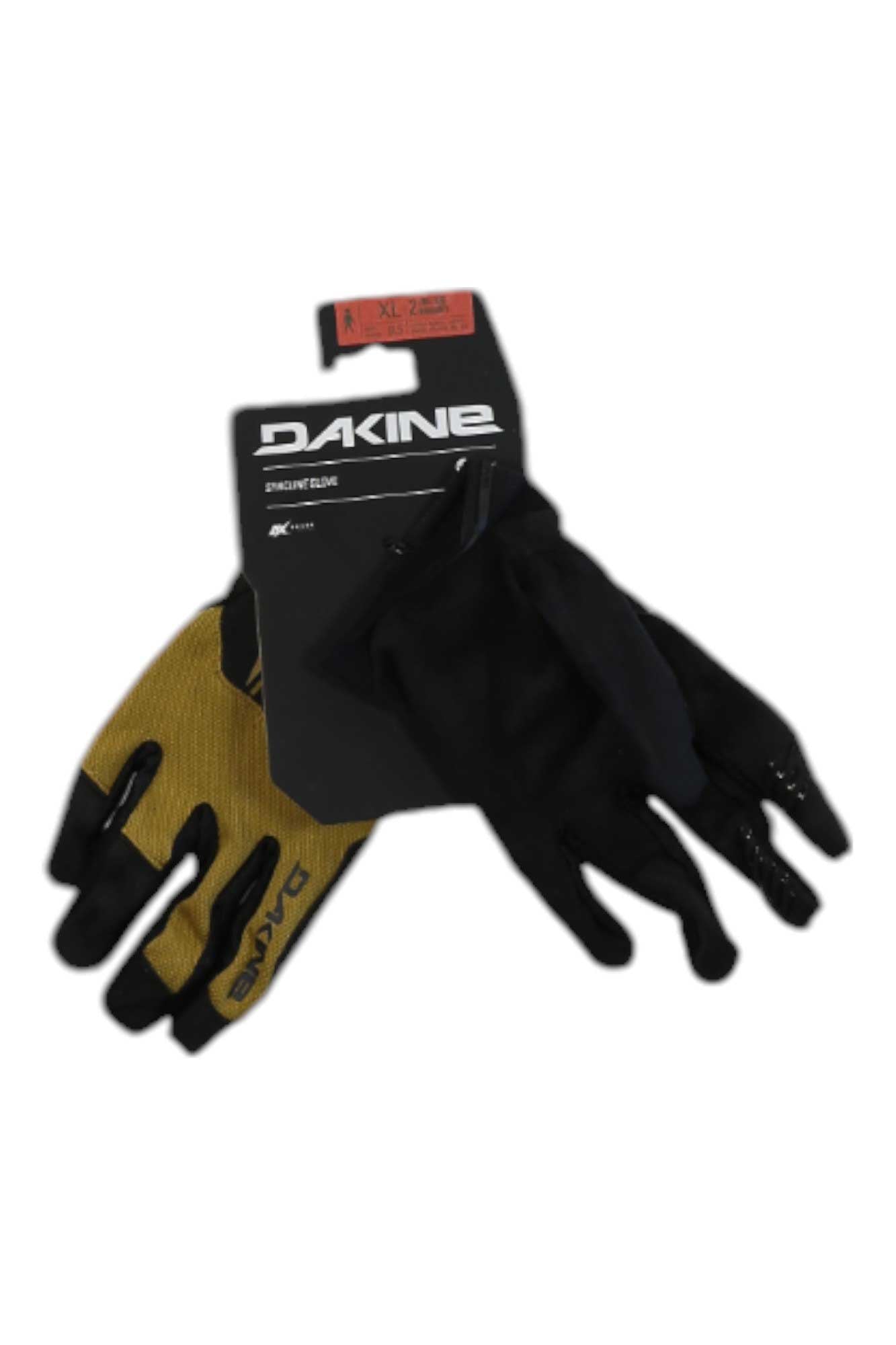 A pair of Dakine Mens Syncline Gloves, one black and one yellow with black details, are attached to DAKINE packaging. These all-mountain gloves are shown against a white background.