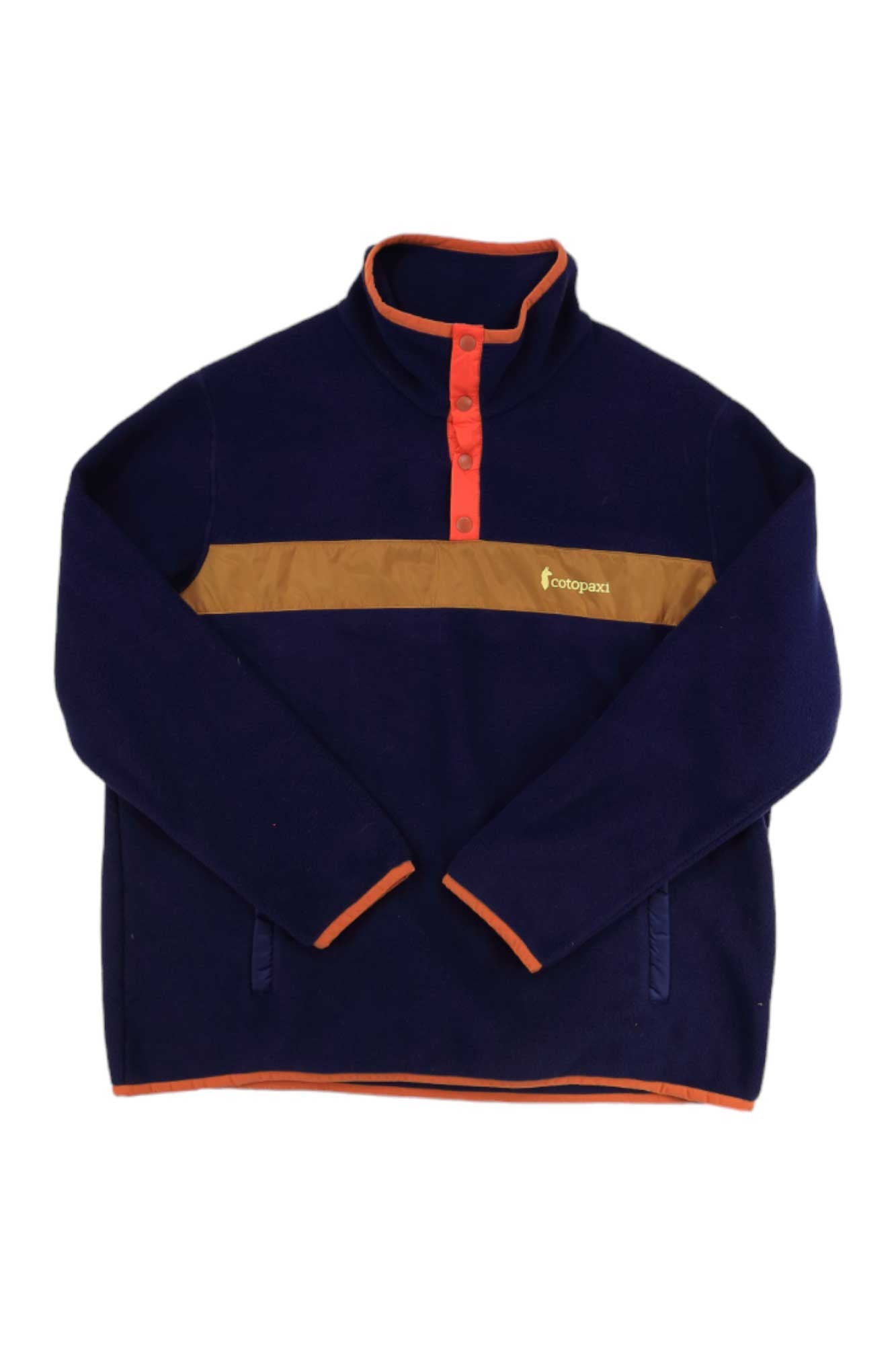 The Cotopaxi Men's Teca Fleece Pullover is a navy blue recycled fleece with a brown chest stripe, orange-trimmed cuffs and collar, partial snap placket, and left chest Cotopaxi logo—a stylish choice for men's casual wear.