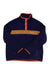The Cotopaxi Men's Teca Fleece Pullover is a navy blue recycled fleece with a brown chest stripe, orange-trimmed cuffs and collar, partial snap placket, and left chest Cotopaxi logo—a stylish choice for men's casual wear.