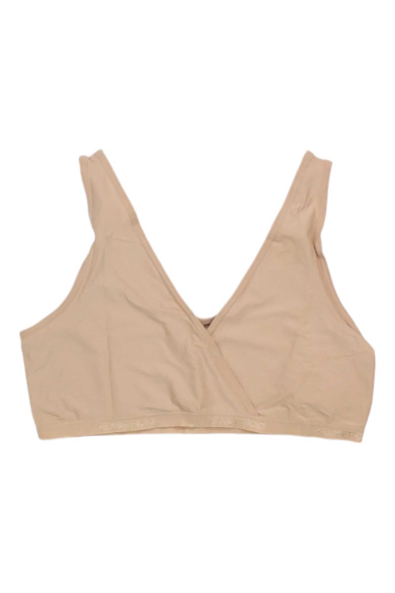 The ExOfficio Womens Give-N-Go 2.0 Bralette is beige, sleeveless, and wireless with a V-neck wrap front, wide straps, and moisture-wicking fabric, shown laid flat on a white background.