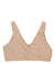 The ExOfficio Womens Give-N-Go 2.0 Bralette is beige, sleeveless, and wireless with a V-neck wrap front, wide straps, and moisture-wicking fabric, shown laid flat on a white background.