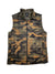 The Mens ThermoBall Eco Insulated Vest is a lightweight, sleeveless vest with green, brown, and black camo print, featuring a front zipper and high collar—ideal for outdoor adventures.