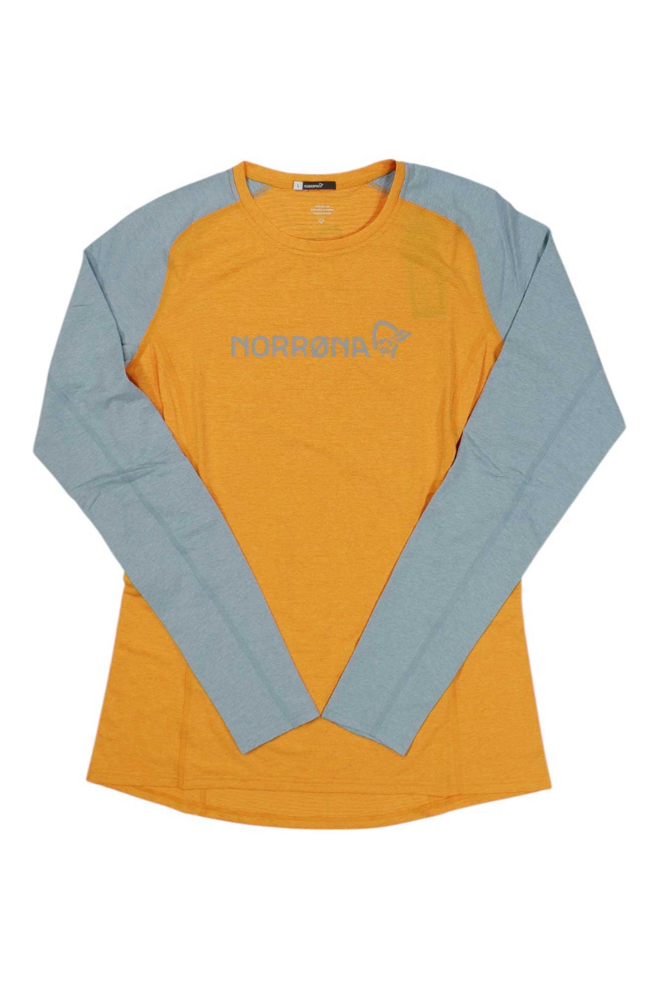 Norrona women’s lightweight long-sleeve shirt, orange with light gray sleeves