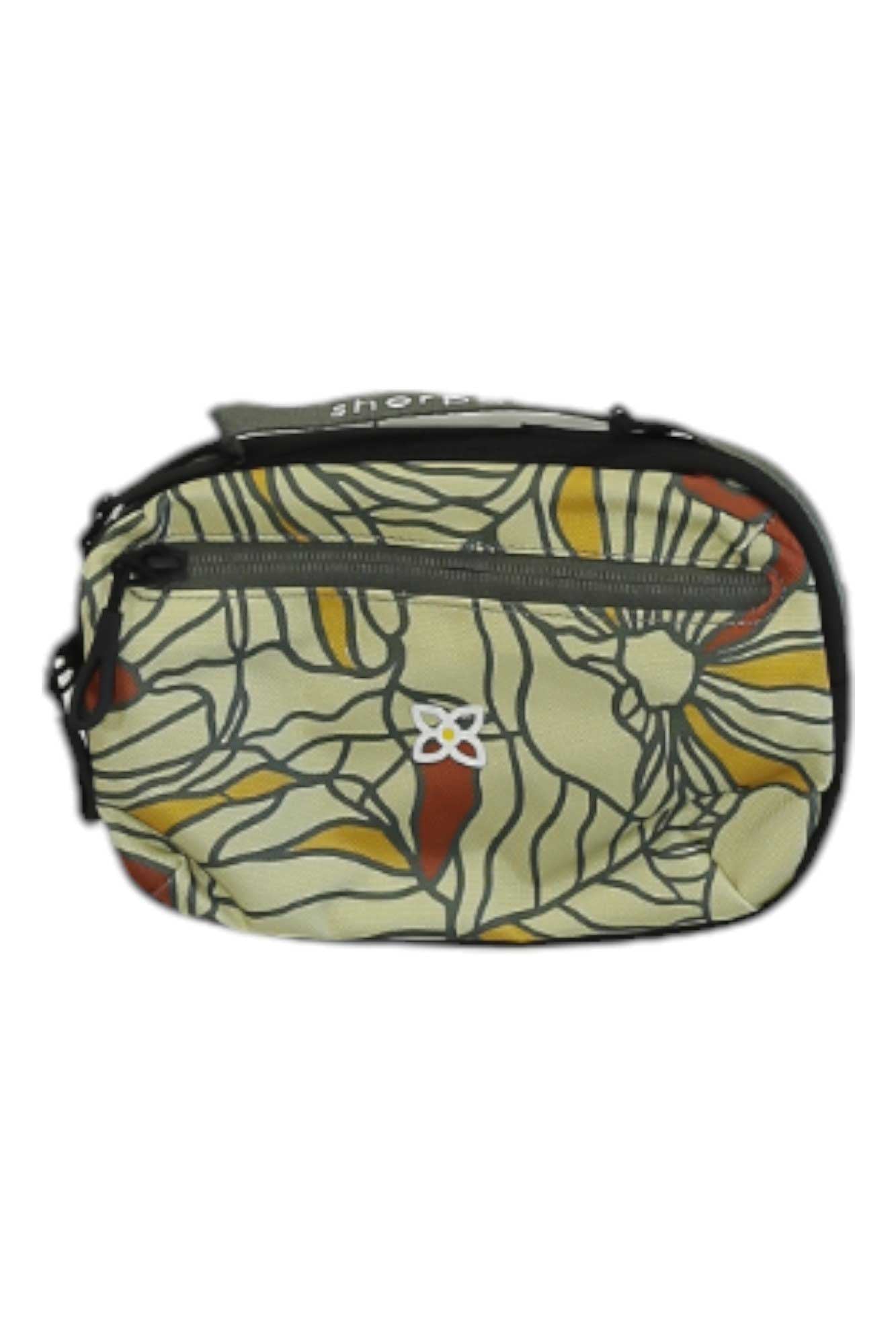 Womens Hyk hip pack in cream with leaf pattern, front zipper and logo
