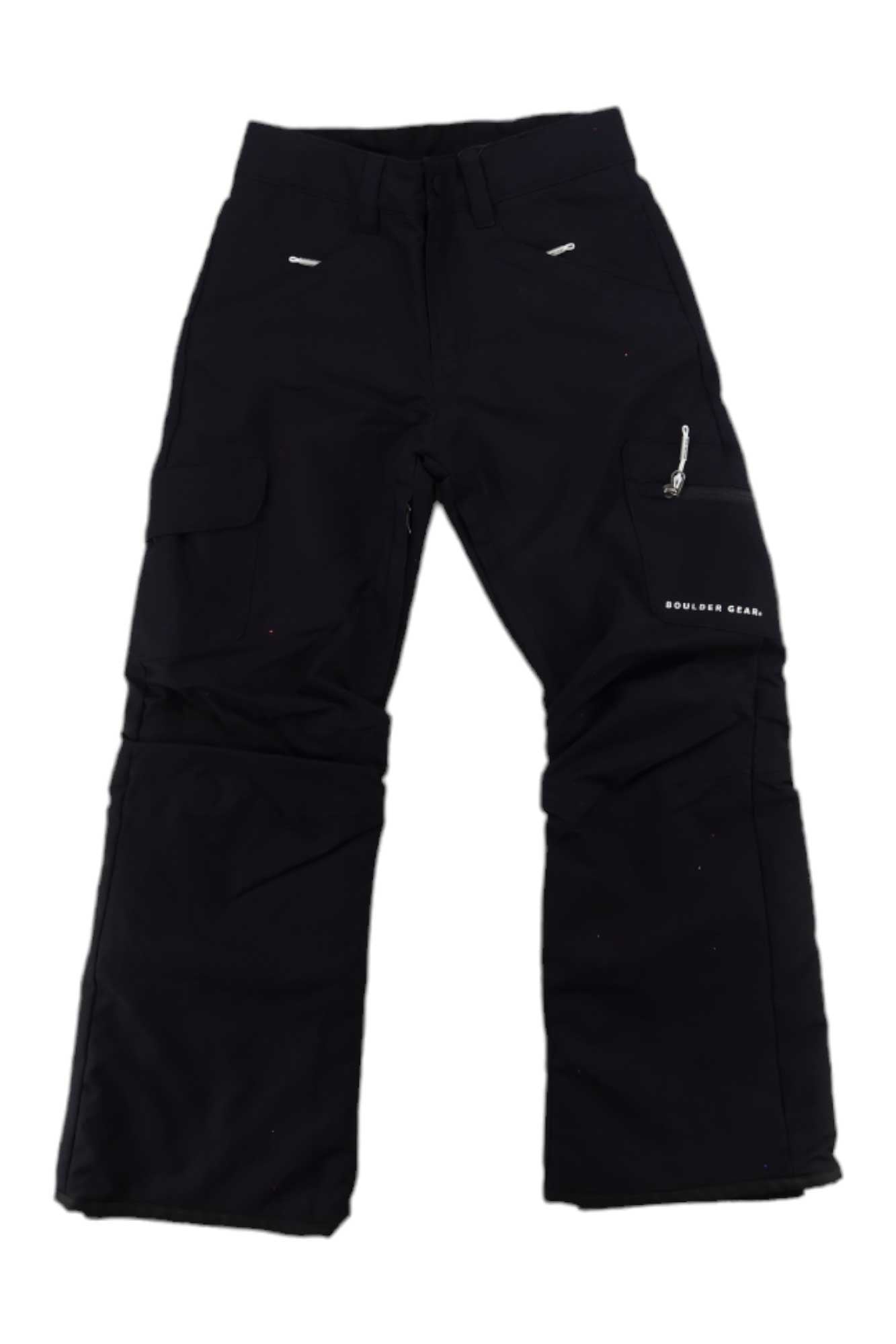 The Ravish Insulated Pants are black cargo snowboarding pants with multiple pockets, including a zippered right-leg pocket and "Boulder Gear" printed nearby for added style and functionality.