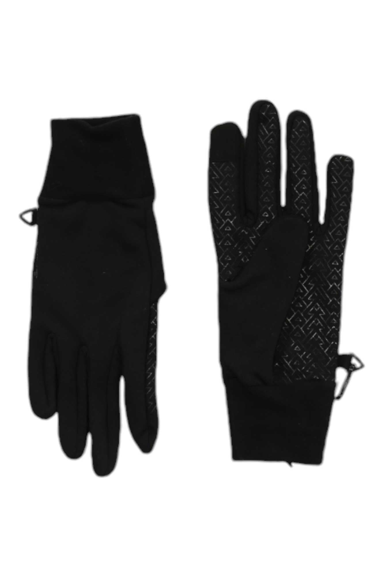 The Dakine Mens Storm Liner gloves are shown: one palm up with a textured grip, the other palm down with a smooth surface. Touchscreen compatible and ideal for winter camping, both feature loops near the cuffs.