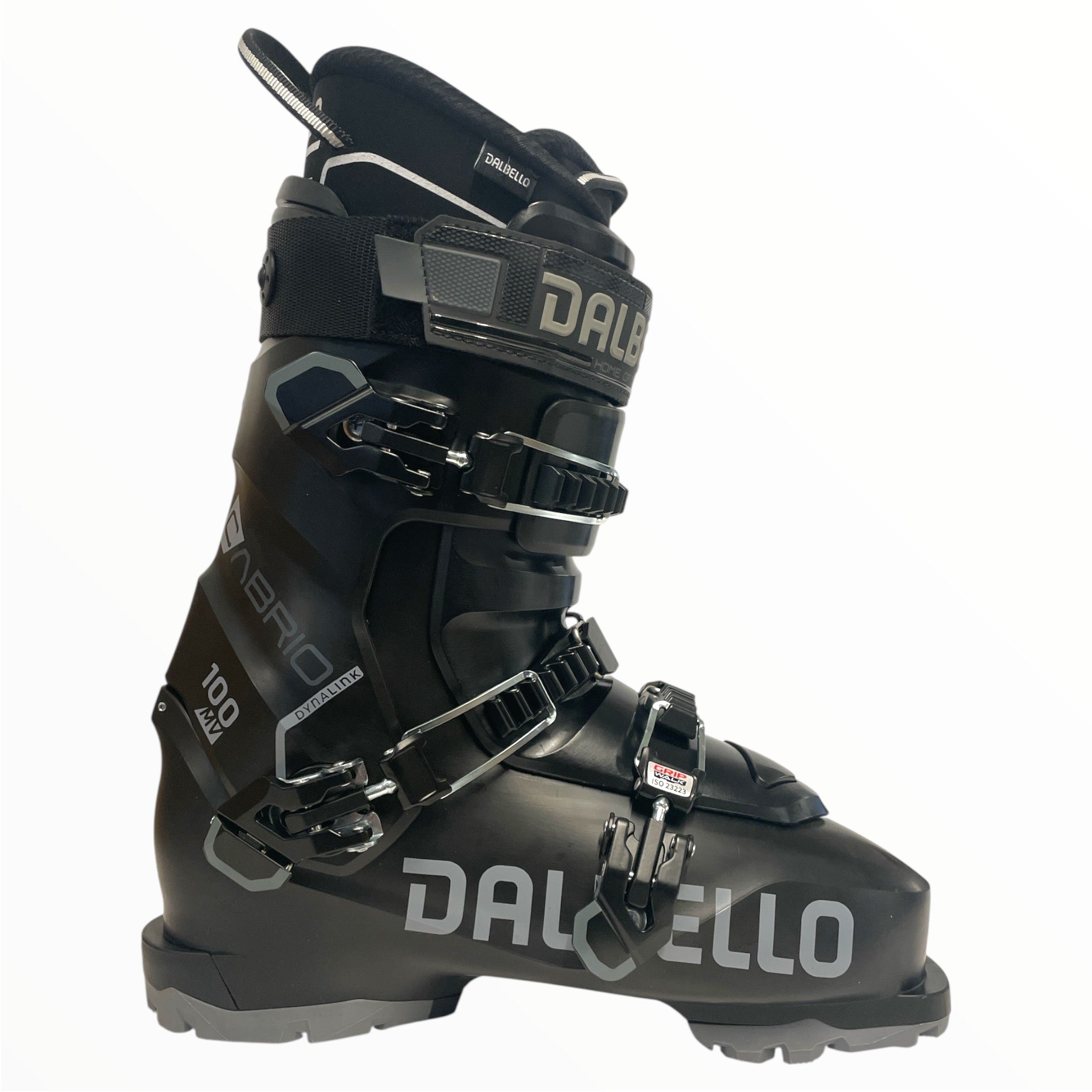 The Dalbello Cabrio MV 100 IF Ski Boots in black with silver accents feature four adjustable buckles and a power strap, shown against a plain white background.