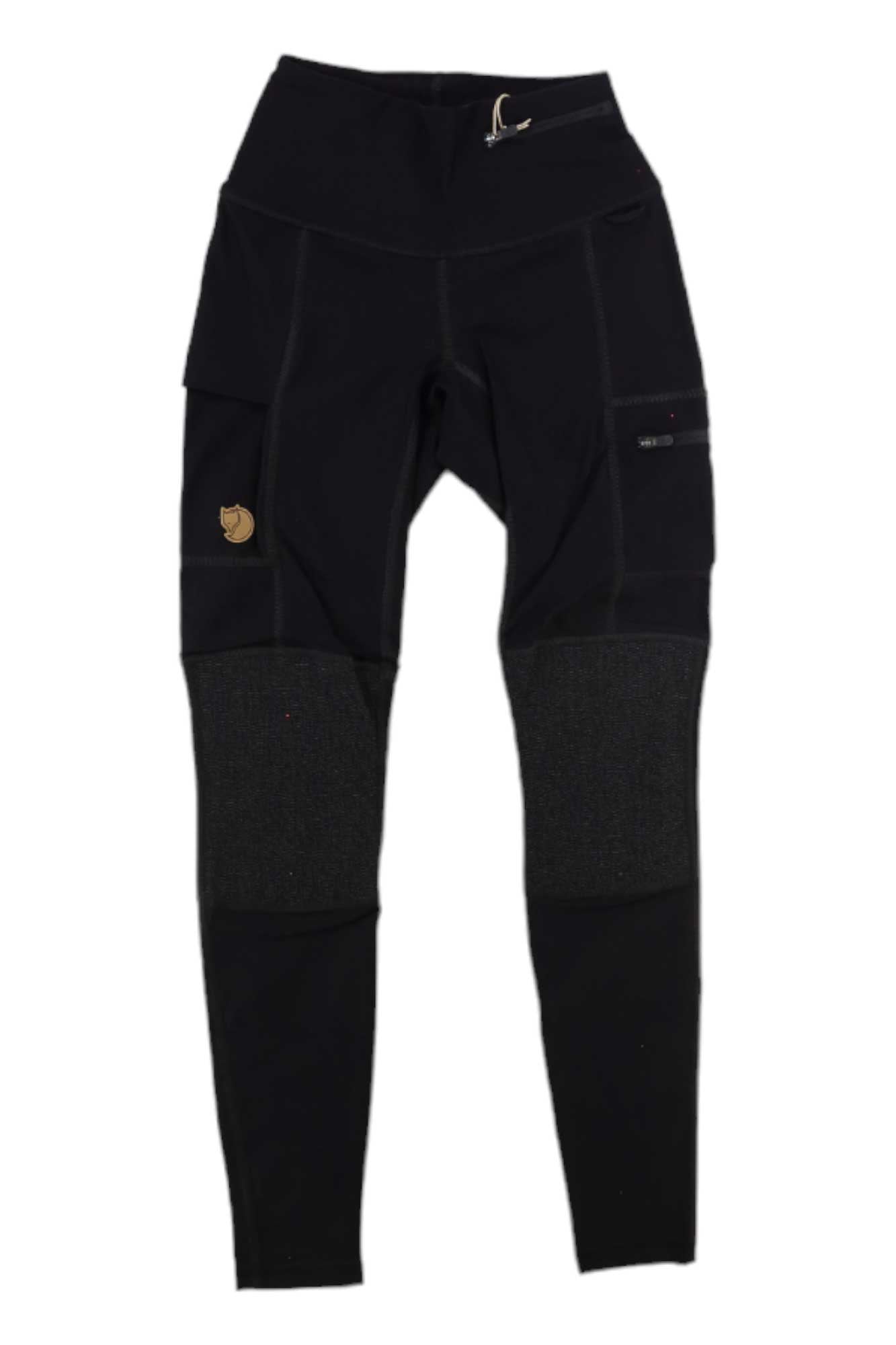 The Fjallraven Womens Abisko Trekking Tight are black, high-waisted, slim-fit hiking pants with reinforced knee patches, front zipper pocket, side pocket, a gold fox logo on the thigh, and moisture-wicking fabric, shown on a white background.