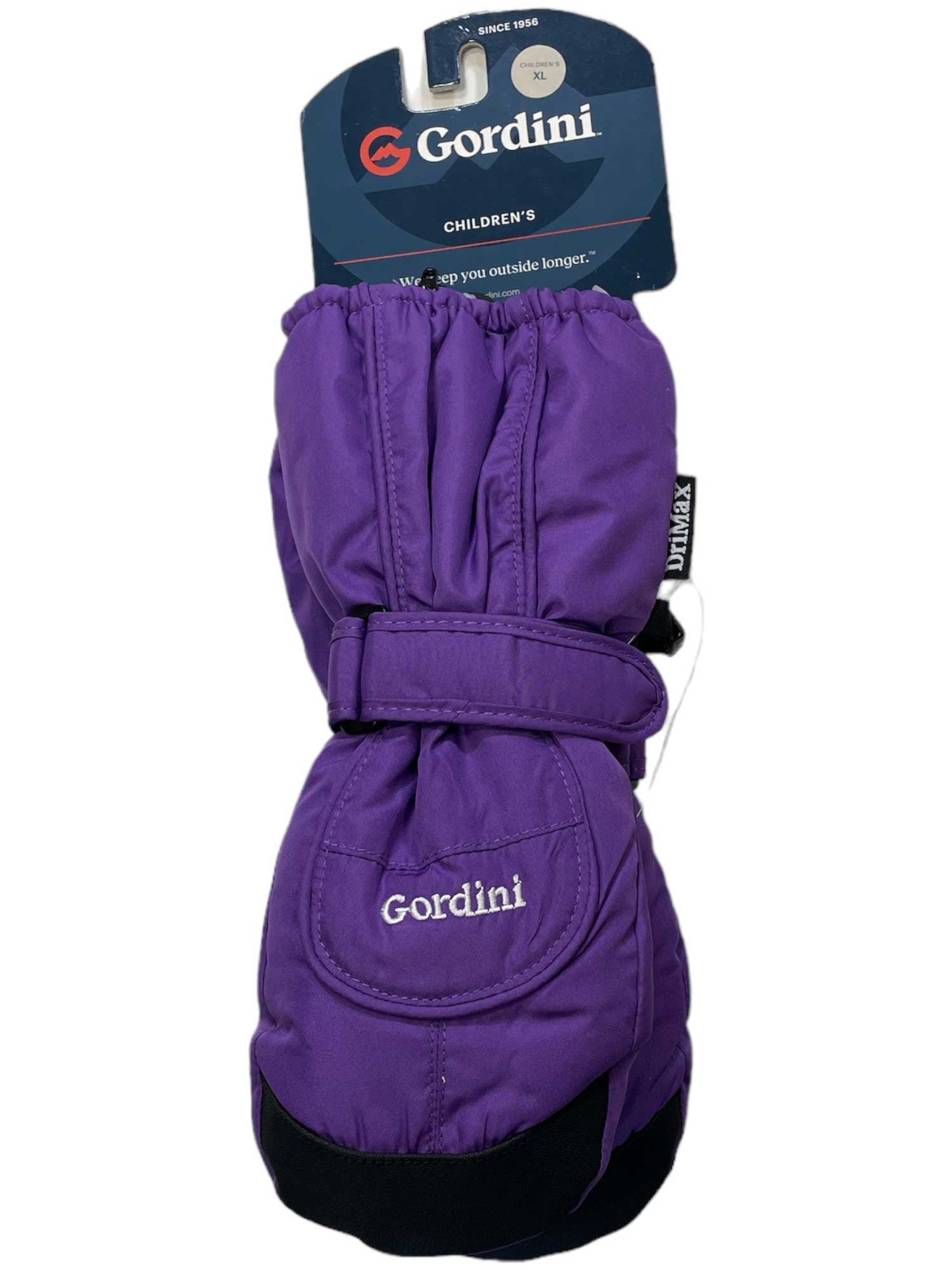 The Gordini Kids Cub Mitt is a pair of purple mittens with a wrist strap, insulated for warmth and packaged with the brand’s name and logo—ideal for keeping kids’ hands cozy all winter.