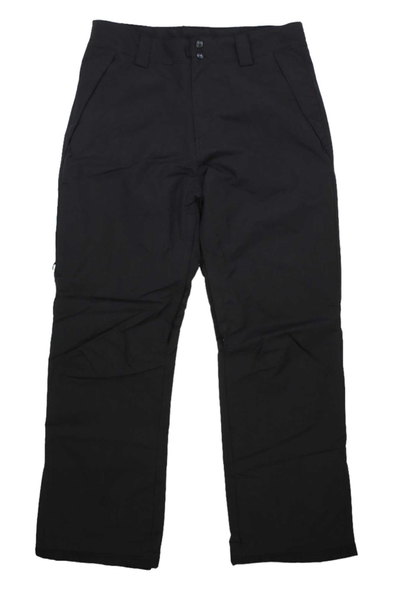 The Boulder Gear Men's Charter Pant, black insulated ski pants with front pockets, belt loops, and a button-zipper closure, is shown laid flat on a white background.