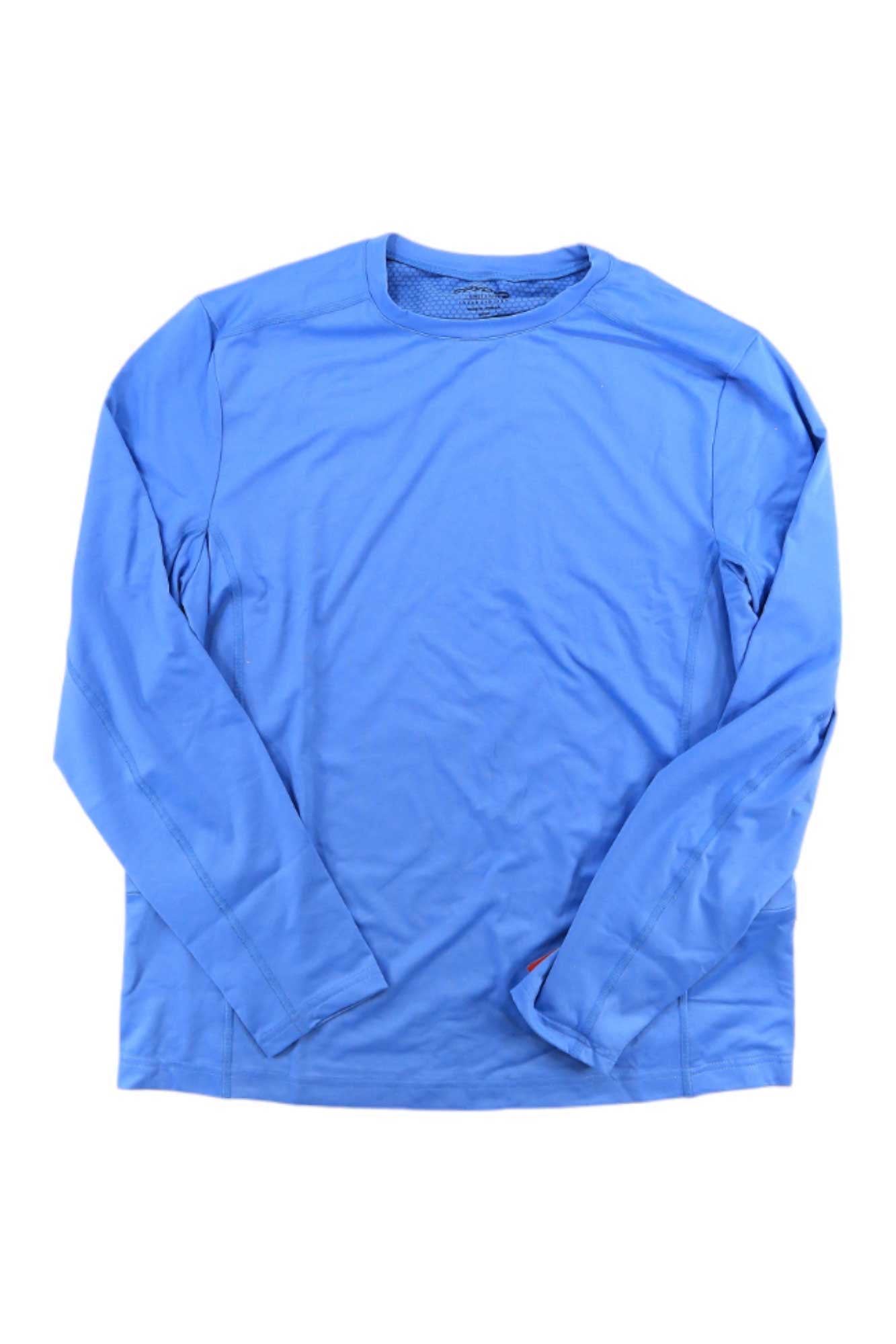 A Spyder Mens Arc Graphene Tech LS Top in light blue is laid flat on a white background. This long-sleeve crewneck features lightweight, stretchy fabric for thermal regulation and all-day comfort.