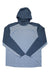 The Simms Mens Bugstopper SolarFlex Hoody, shown laid flat in light blue with contrasting dark gray sleeves and hood, features sun and insect protection, a relaxed fit, and a Simms logo on the left chest.