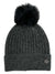 The Pistil Womens Piper Beanie is a dark gray, ribbed knit winter hat with a turned-up brim, small round metal logo, and a large black faux fur pom-pom—perfect for staying stylish and warm on cold days.