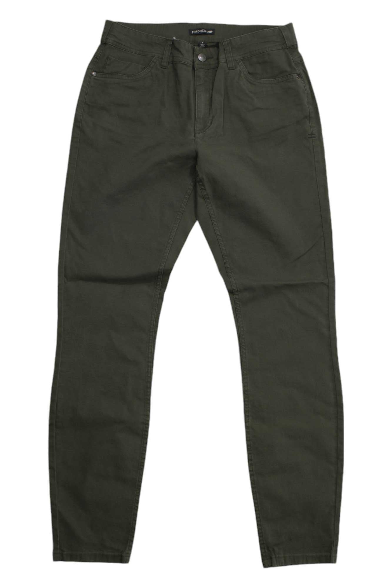 The Toad & Co Womens Earthworks 5 Pocket Skinny Pant in dark olive green is shown laid flat on a white background, featuring front pockets, button, and zipper fly.